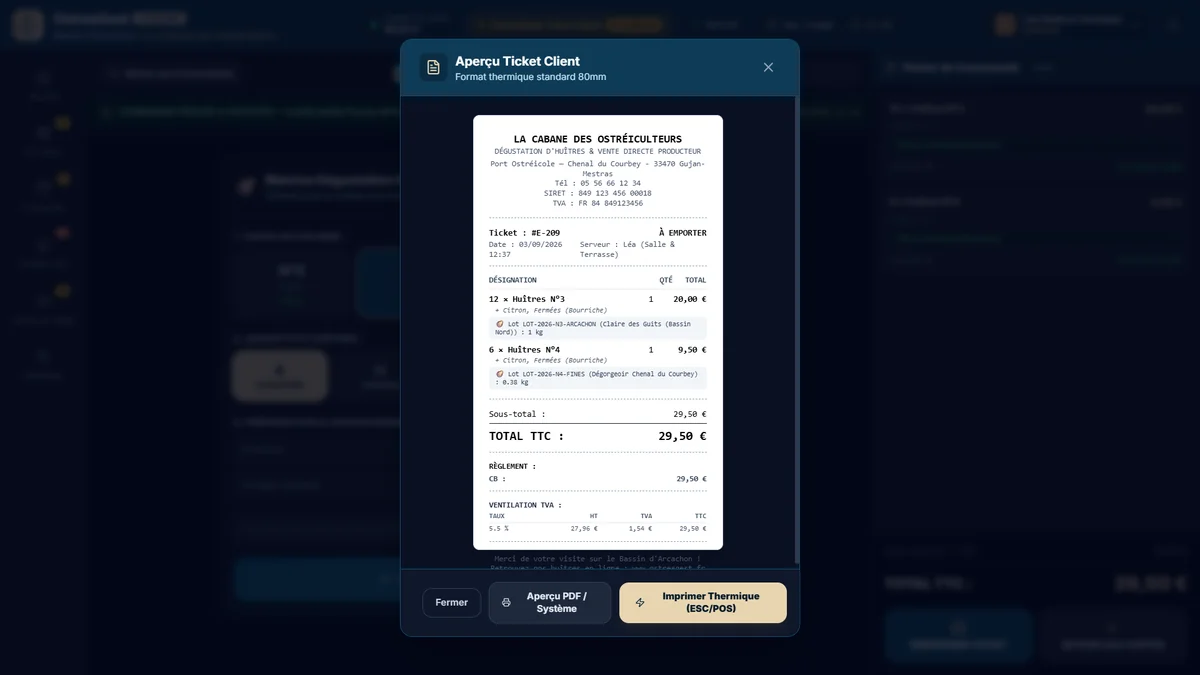 Ticket de caisse avec traçabilité sanitaire lot relié OstreaGest